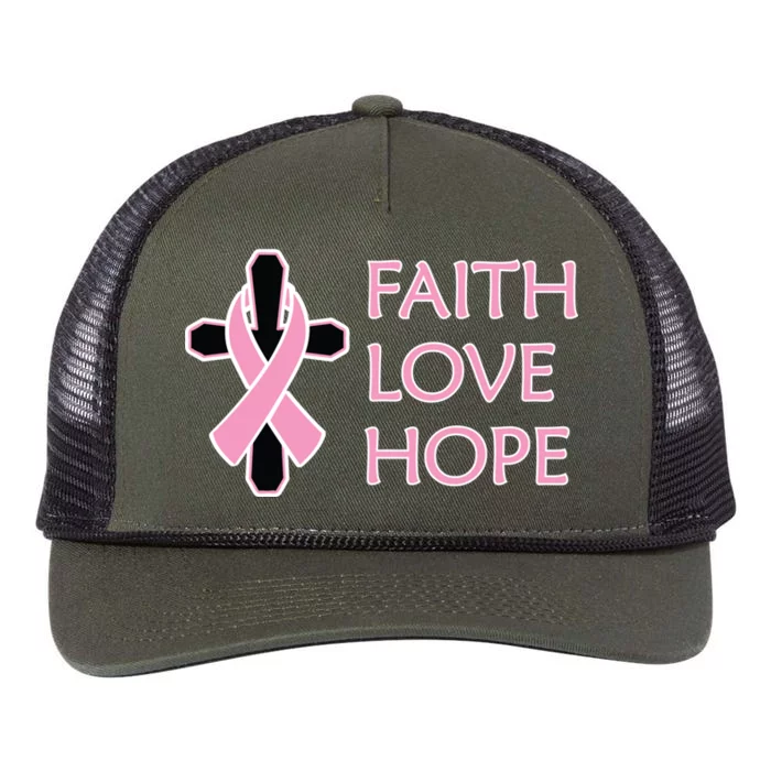 Faith Love Hope Breast Cancer Ribbon Cross Retro Rope Trucker Hat Cap