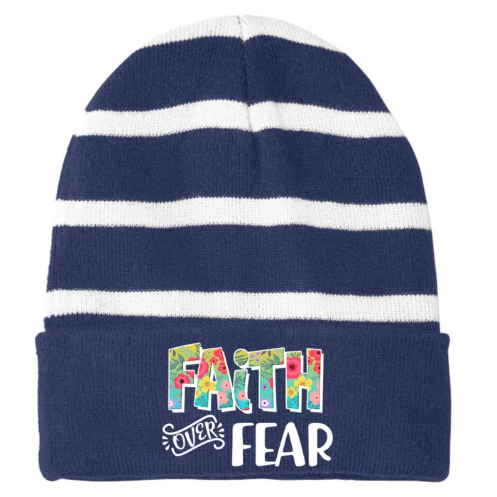 Faith Over Fear Flower Pattern Striped Beanie with Solid Band