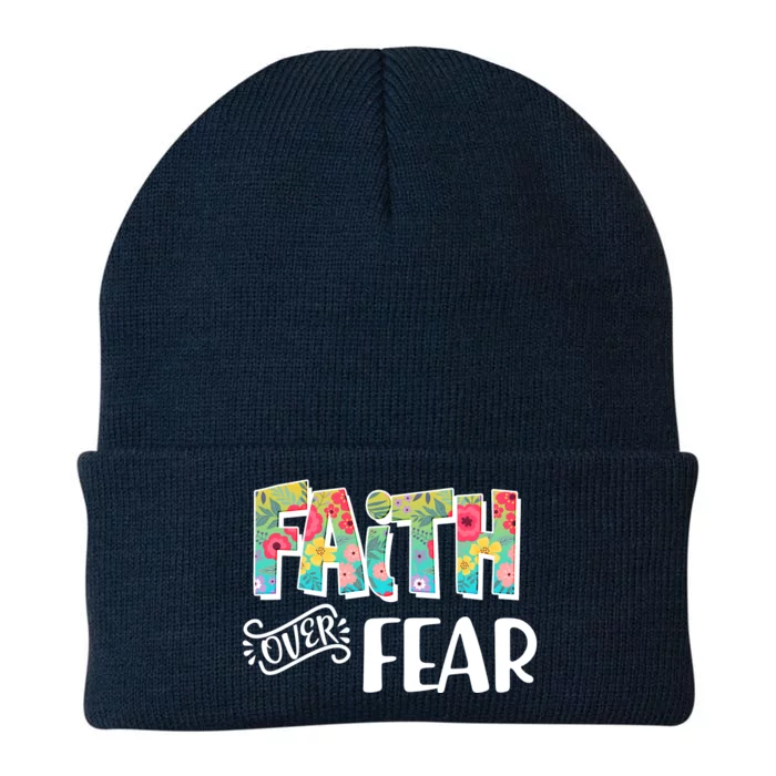 Faith Over Fear Flower Pattern Knit Cap Winter Beanie