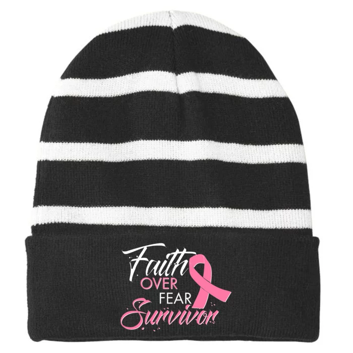 Faith Over Fear Survivor Breast Cancer Awareness Striped Beanie with Solid Band