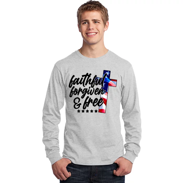 Faithful Forgiven and Free USA American Flag Cross Long Sleeve Shirt