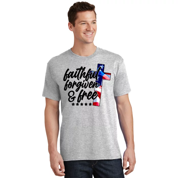 Faithful Forgiven and Free USA American Flag Cross T-Shirt