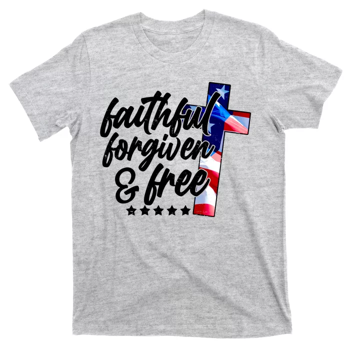 Faithful Forgiven and Free USA American Flag Cross T-Shirt