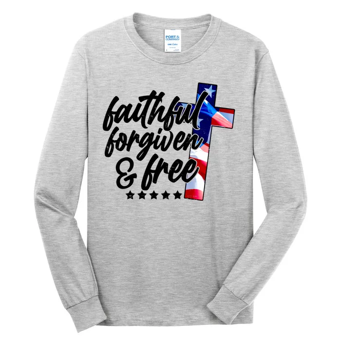 Faithful Forgiven and Free USA American Flag Cross Tall Long Sleeve T-Shirt