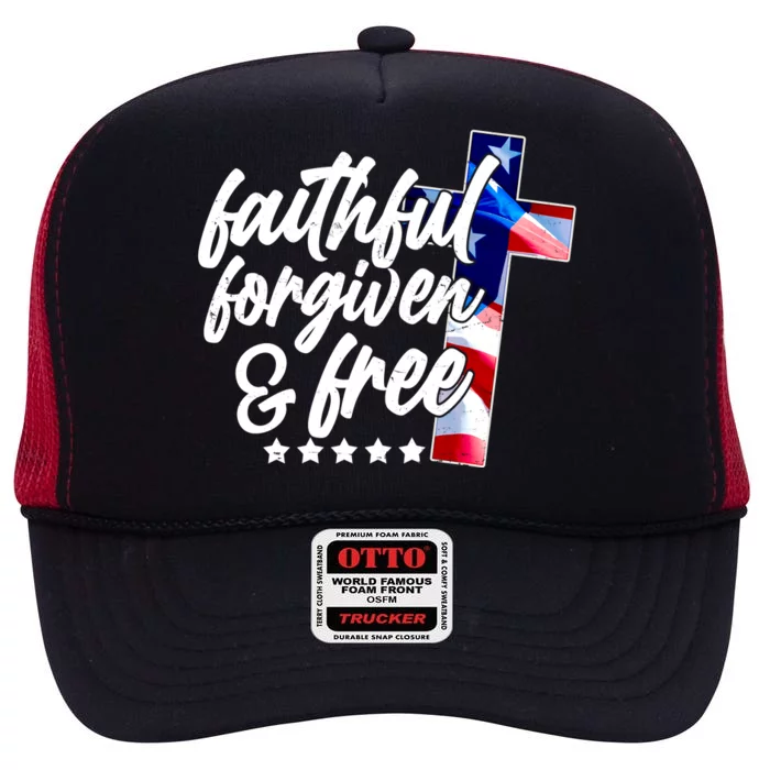 Faithful Forgiven and Free USA American Flag Cross High Crown Mesh Trucker Hat