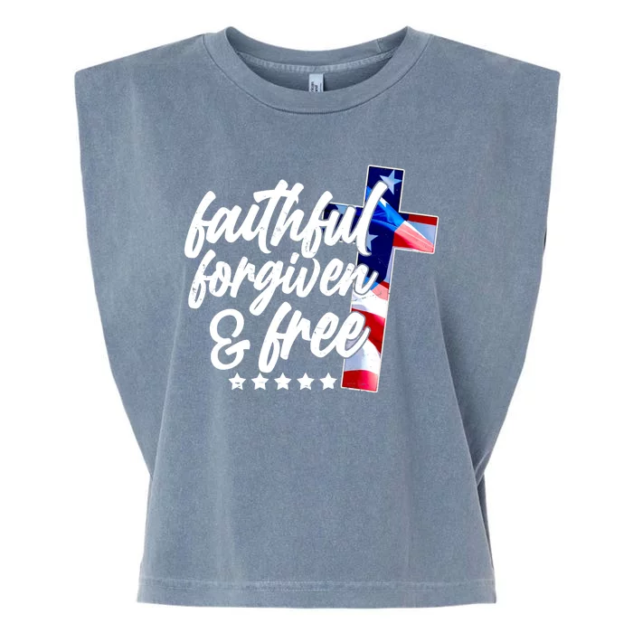 Faithful Forgiven and Free USA American Flag Cross Garment-Dyed Women's Muscle Tee