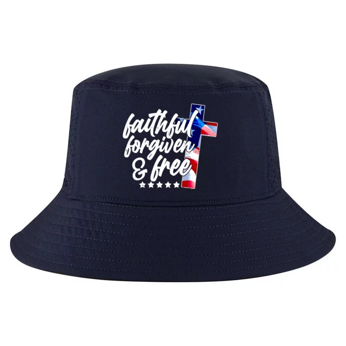 Faithful Forgiven and Free USA American Flag Cross Cool Comfort Performance Bucket Hat