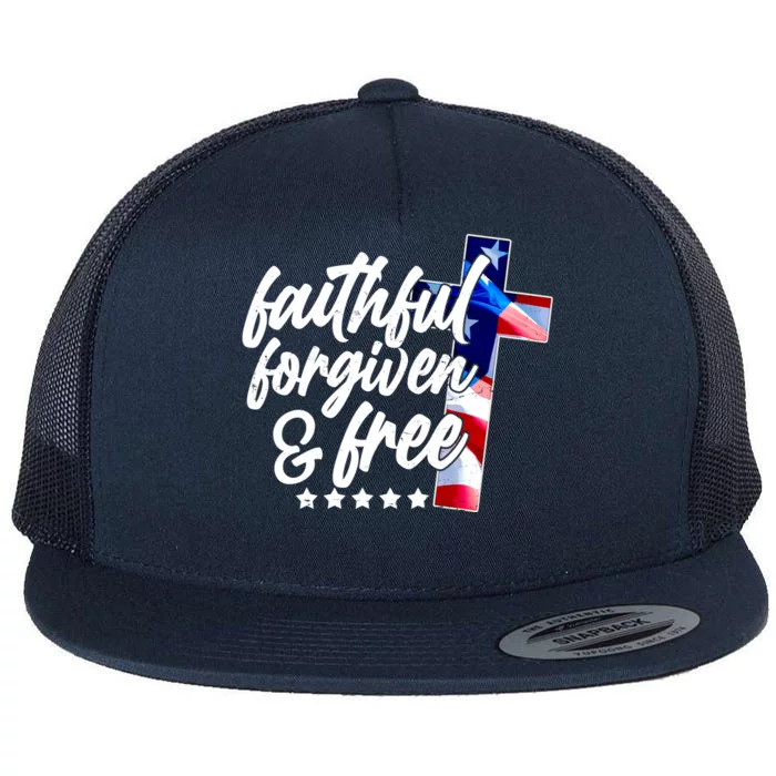 Faithful Forgiven and Free USA American Flag Cross Flat Bill Trucker Hat