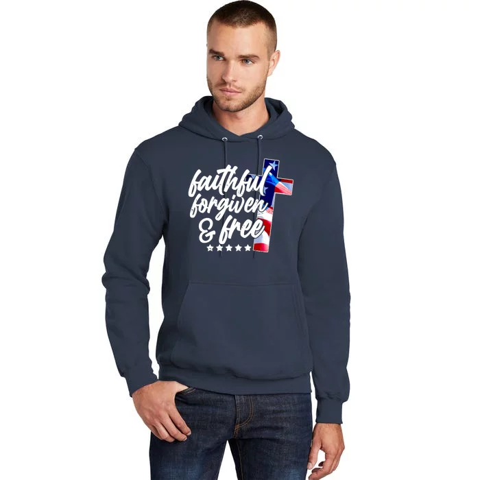 Faithful Forgiven and Free USA American Flag Cross Tall Hoodie