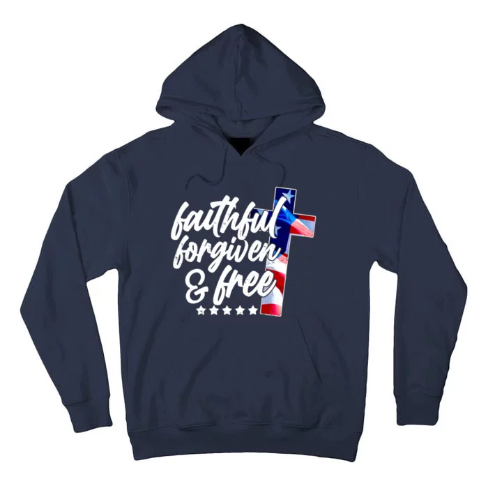 Faithful Forgiven and Free USA American Flag Cross Tall Hoodie