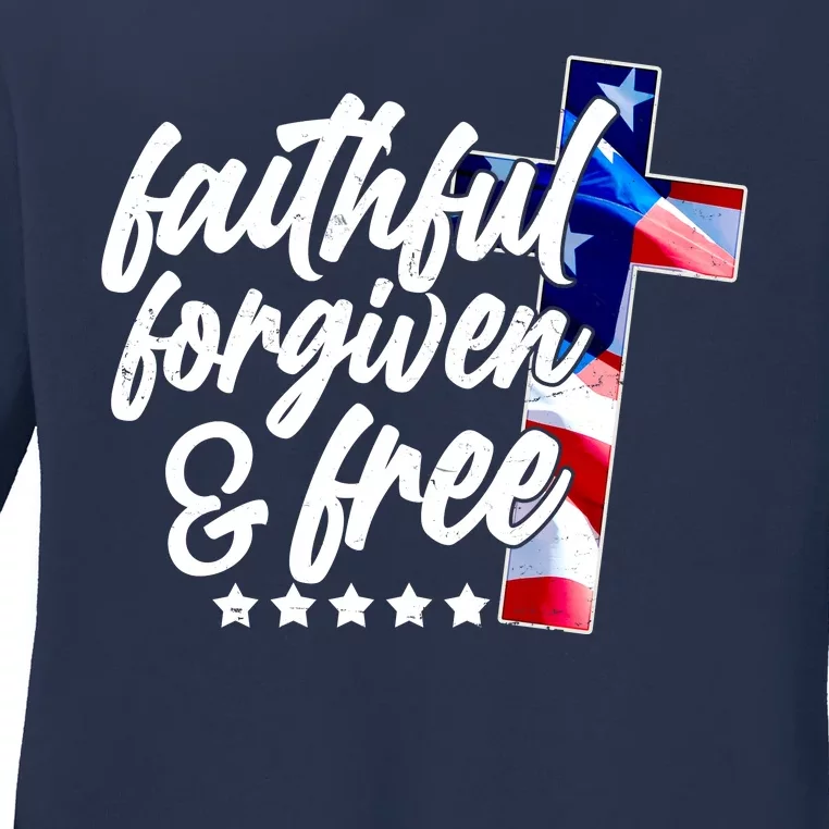 Faithful Forgiven and Free USA American Flag Cross Ladies Long Sleeve Shirt