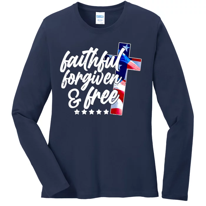 Faithful Forgiven and Free USA American Flag Cross Ladies Long Sleeve Shirt