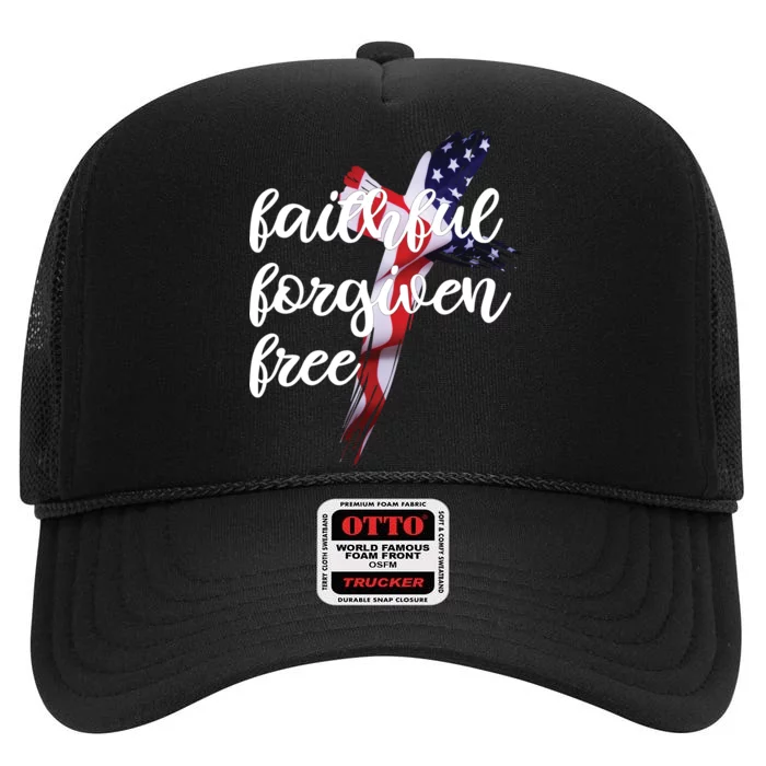 Faithful Forgiving Free American Cross High Crown Mesh Trucker Hat