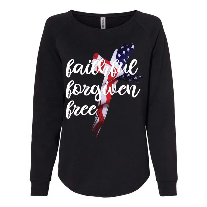 Faithful Forgiving Free American Cross Womens California Wash Sweatshirt