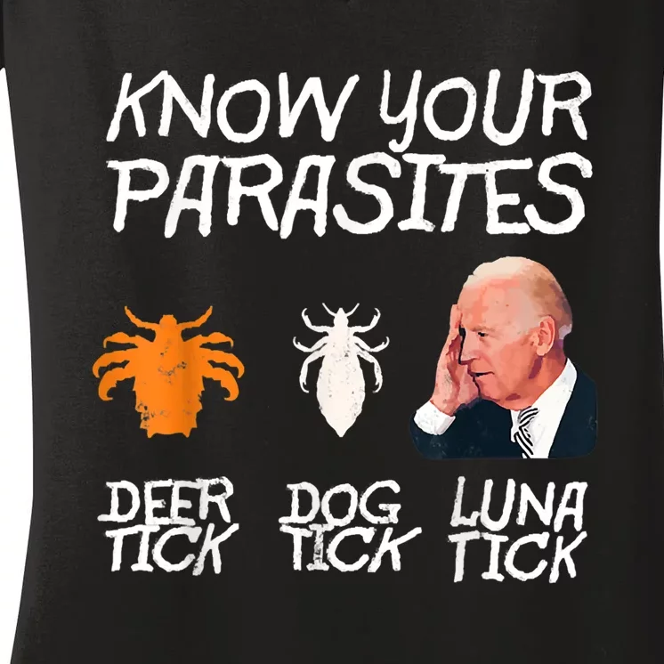 Funny Anti Joe Biden Know Your Parasites, Lunatick Sarcasm Women's V-Neck T-Shirt