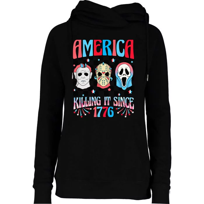 Funny America Killing IT Since 1776 Horror 4th Of July USA Womens Funnel Neck Pullover Hood