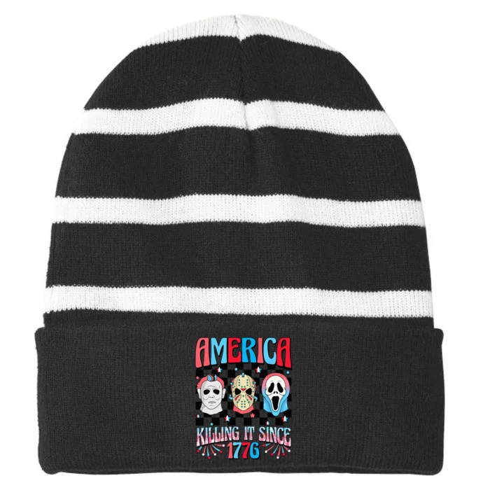 Funny America Killing IT Since 1776 Horror 4th Of July USA Striped Beanie with Solid Band