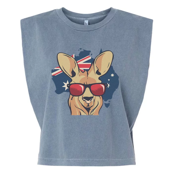 Funny Australian Kangaroo Animal Wearing Sunglasses Garment-Dyed Women's Muscle Tee