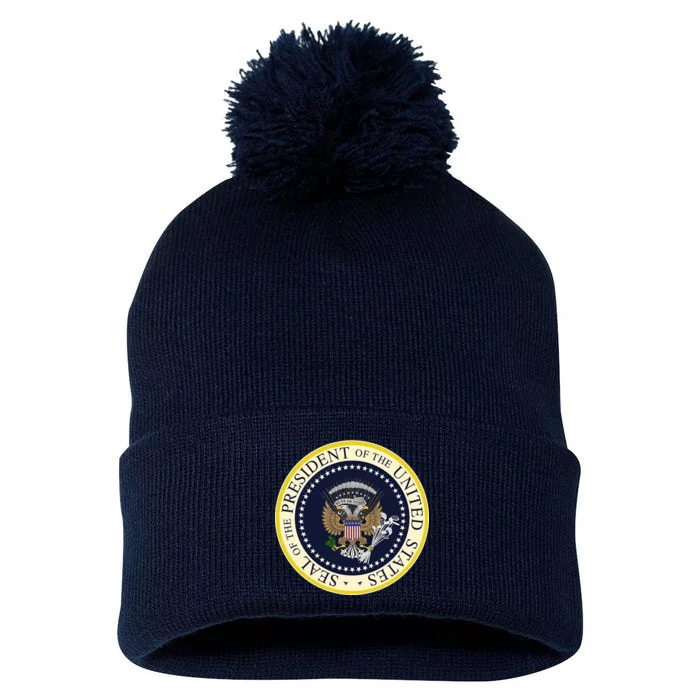 Fake Presidential Seal Pom Pom 12in Knit Beanie