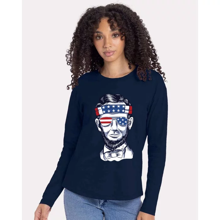 Funny Abraham Lincoln Wearing Glasses And Bandana Womens Cotton Relaxed Long Sleeve T-Shirt