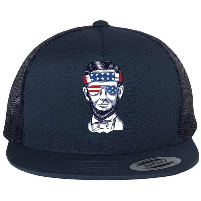 Funny Abraham Lincoln Wearing Glasses And Bandana Flat Bill Trucker Hat