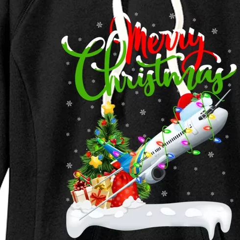 Funny Airplane Lover Xmas Lighting Santa Airplane Christmas Cute Gift Women's Fleece Hoodie