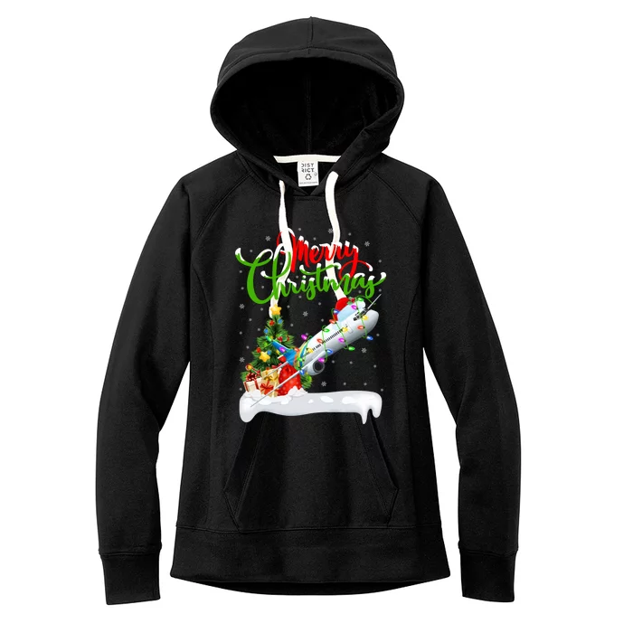 Funny Airplane Lover Xmas Lighting Santa Airplane Christmas Cute Gift Women's Fleece Hoodie