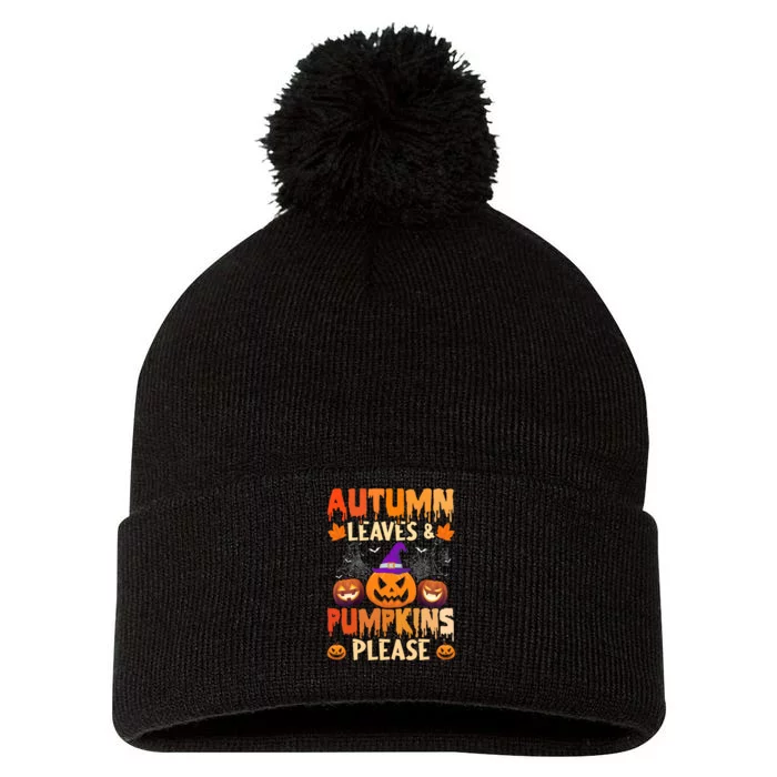 Fall Autumn Leaves & Pumpkin Please Halloween Pom Pom 12in Knit Beanie