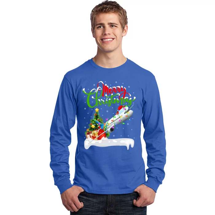 Funny Airplane Lover Xmas Lighting Santa Airplane Christmas Gift Long Sleeve Shirt