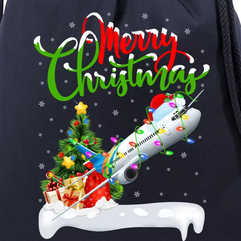 Funny Airplane Lover Xmas Lighting Santa Airplane Christmas Gift Drawstring Bag