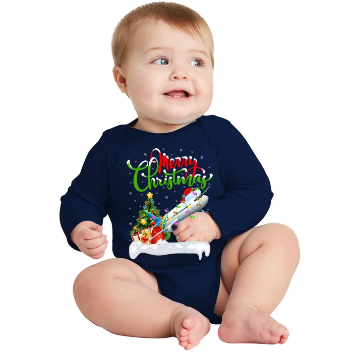 Funny Airplane Lover Xmas Lighting Santa Airplane Christmas Gift Baby Long Sleeve Bodysuit