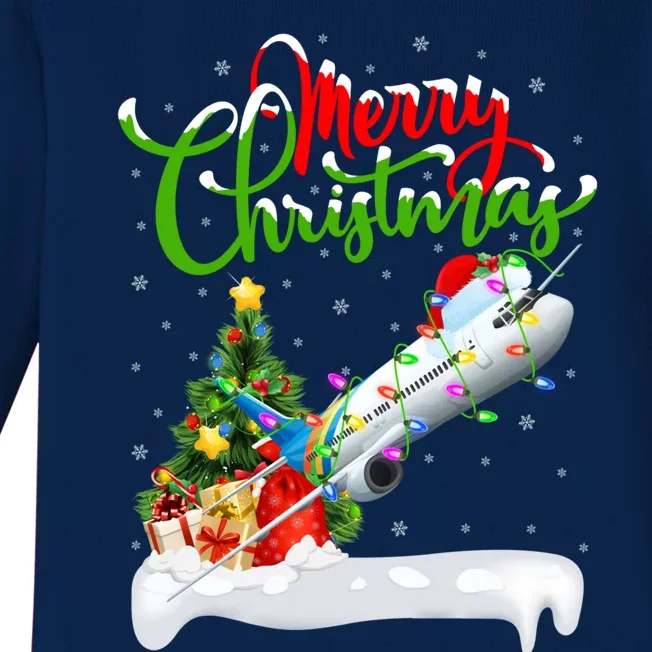 Funny Airplane Lover Xmas Lighting Santa Airplane Christmas Gift Baby Long Sleeve Bodysuit