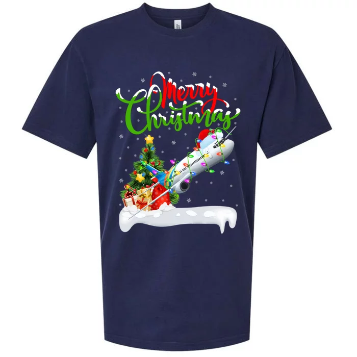 Funny Airplane Lover Xmas Lighting Santa Airplane Christmas Gift Sueded Cloud Jersey T-Shirt