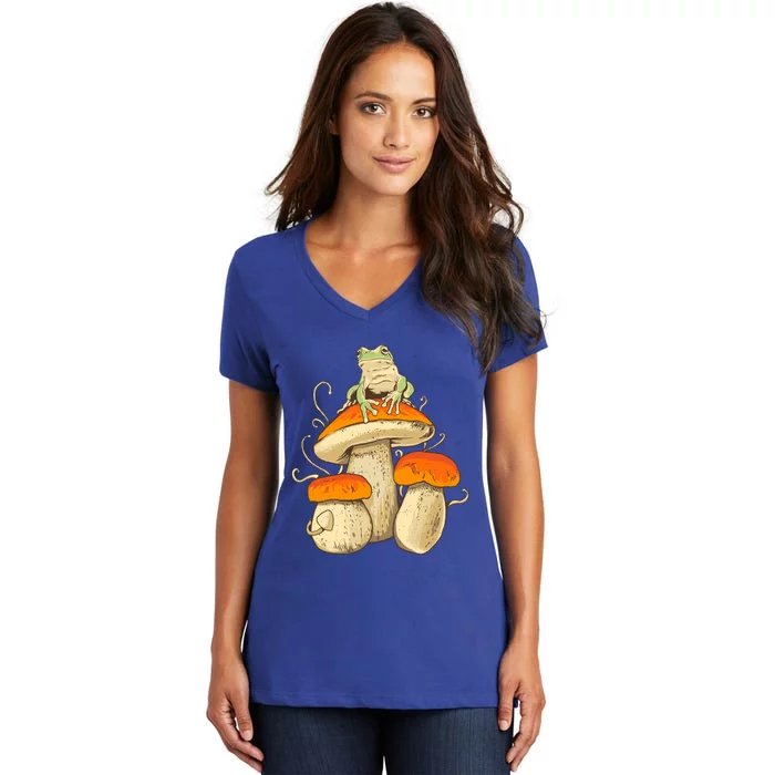 Frog And Mushrooms Funny Gift Women's V-Neck T-Shirt