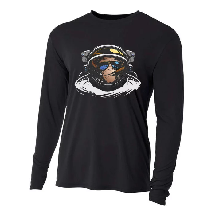 Funny Astronaut Monkey Smoking A Cigar Space Cooling Performance Long Sleeve Crew