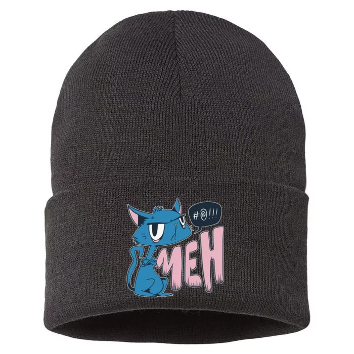 Funny Angry Meh Cat Comic Sustainable Knit Beanie