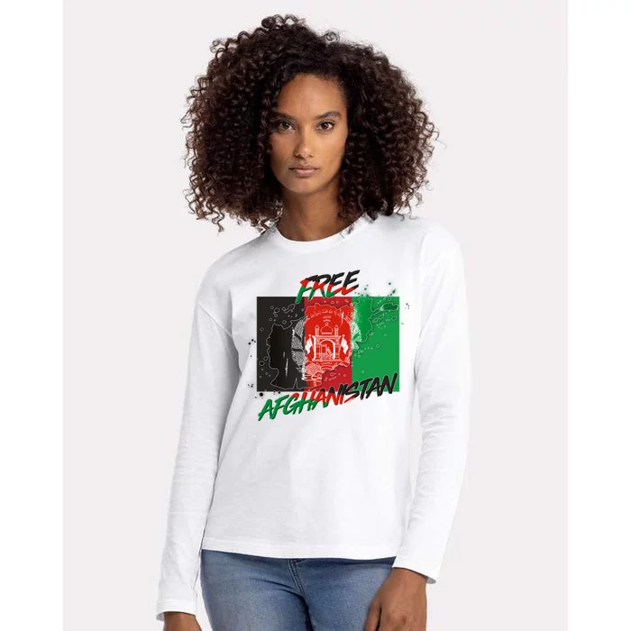 Free Afghanistan Map Distressed Flag Womens Cotton Relaxed Long Sleeve T-Shirt