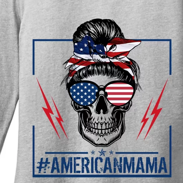 Funny American Mama Patriotic Rocker Skull Mom Gift Womens CVC Long Sleeve Shirt