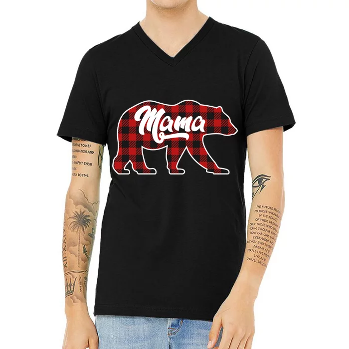 Family Christmas Matching Plaid Mama Bear V-Neck T-Shirt