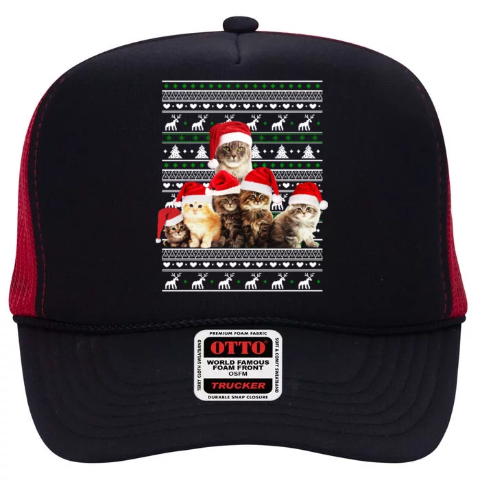 Family Of Kittens Ugly Christmas Sweater High Crown Mesh Trucker Hat