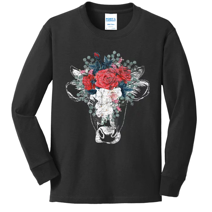 Farm Animal Nature Flower Gift Cow Kids Long Sleeve Shirt