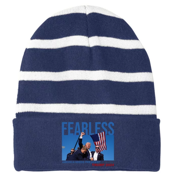 Fearless America Needs President Trump 2024 Striped Beanie with Solid Band