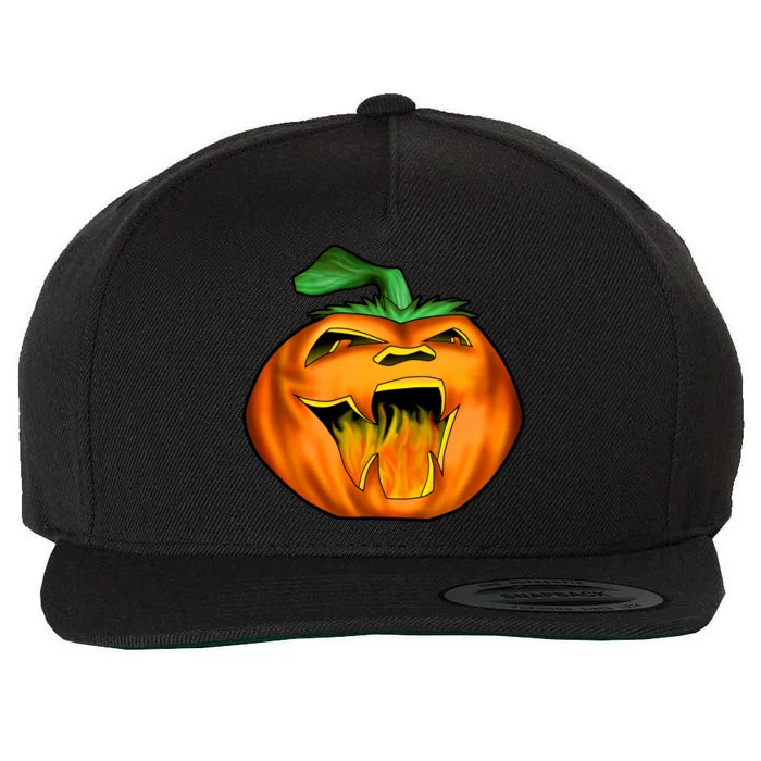 Fanged Fire Jack O' Lantern Pumpkin Halloween Wool Snapback Cap