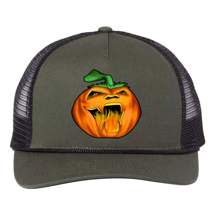 Fanged Fire Jack O' Lantern Pumpkin Halloween Retro Rope Trucker Hat Cap