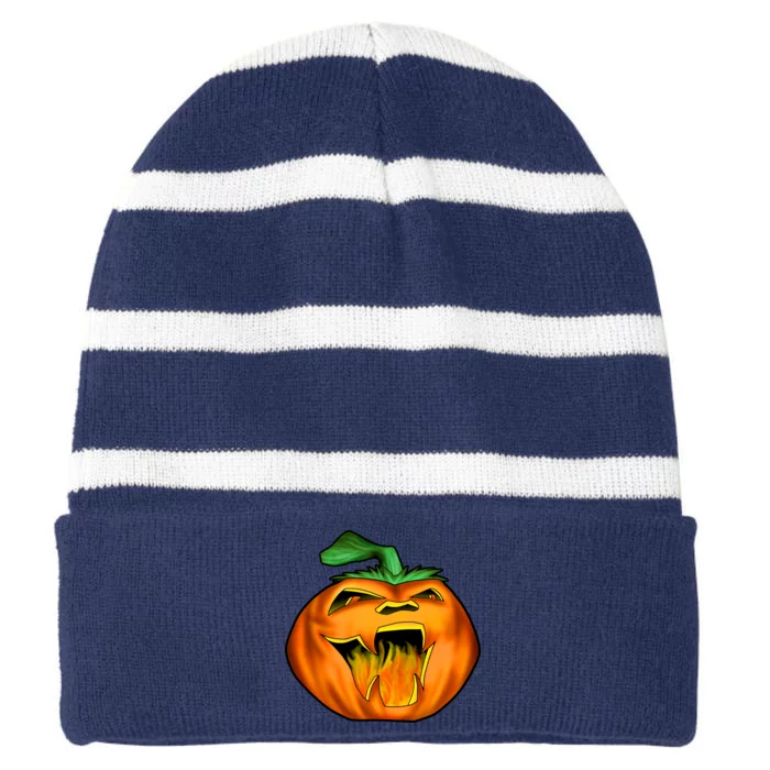 Fanged Fire Jack O' Lantern Pumpkin Halloween Striped Beanie with Solid Band