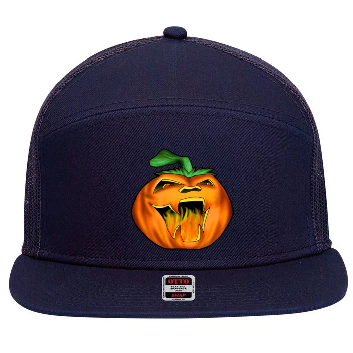 Fanged Fire Jack O' Lantern Pumpkin Halloween 7 Panel Mesh Trucker Snapback Hat