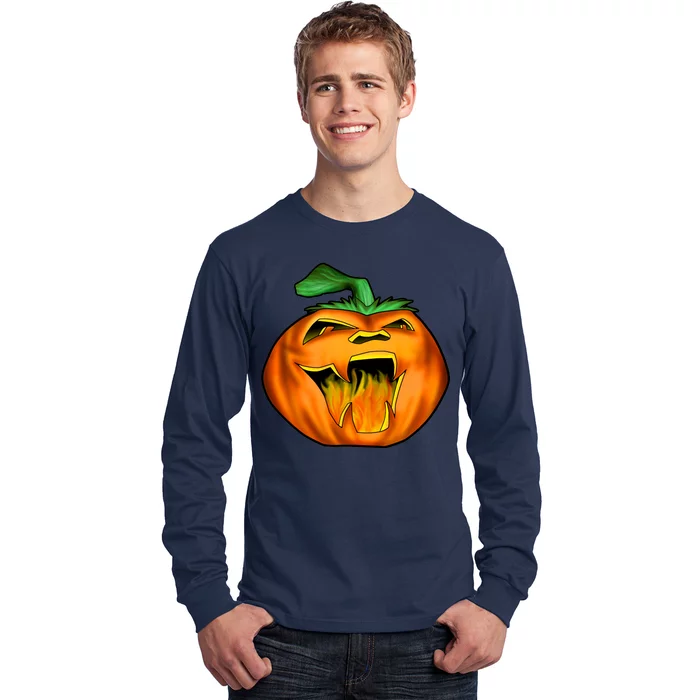 Fanged Fire Jack O' Lantern Pumpkin Halloween Long Sleeve Shirt