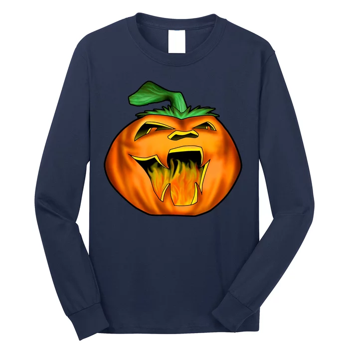 Fanged Fire Jack O' Lantern Pumpkin Halloween Long Sleeve Shirt