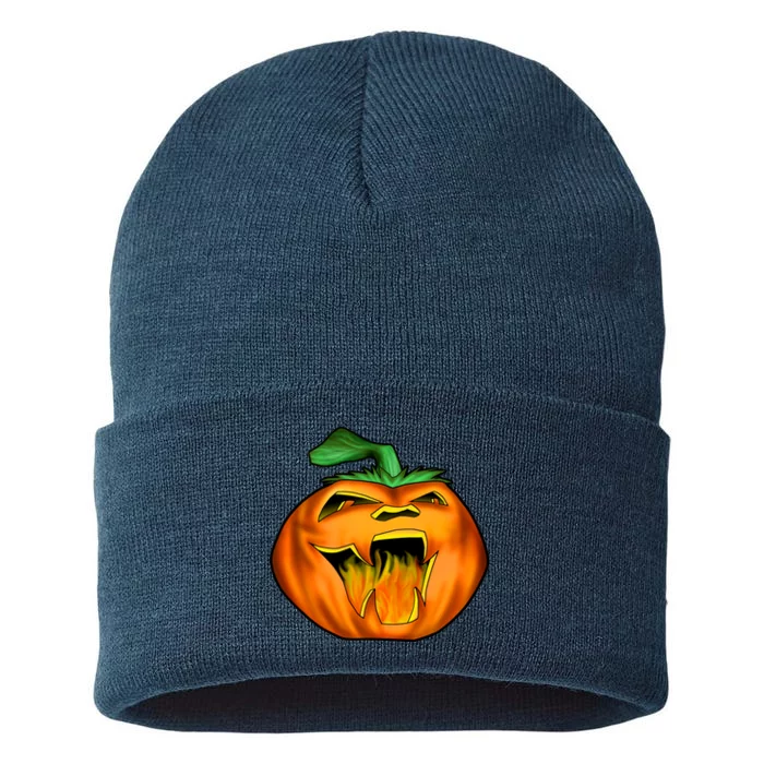 Fanged Fire Jack O' Lantern Pumpkin Halloween Sustainable Knit Beanie