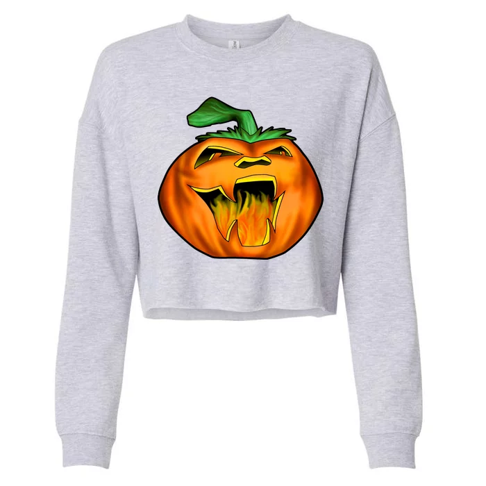 Fanged Fire Jack O' Lantern Pumpkin Halloween Cropped Pullover Crew